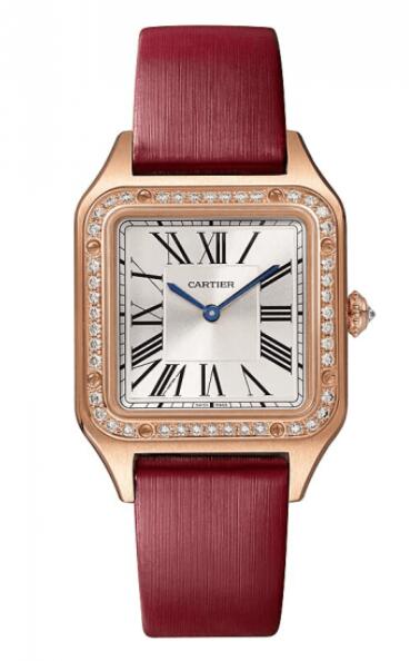 Cartier Santos Dumont Silver Dial 18K Rose Gold Diamond Correa de cuero Mujer WJSA0019 Reloj