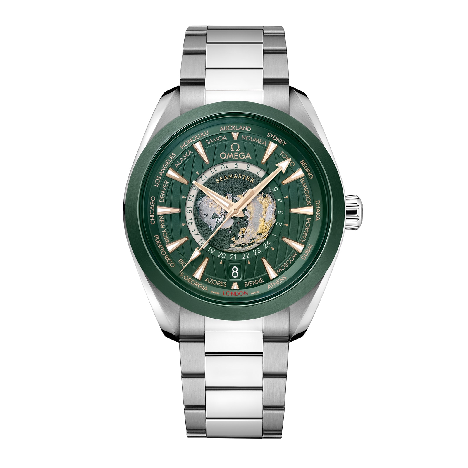 Reloj Omega Seamaster Aqua Terra 150m Co-Axial Master Chronomaster GMT Worldtimer 43mm para hombre verde O22030432210001