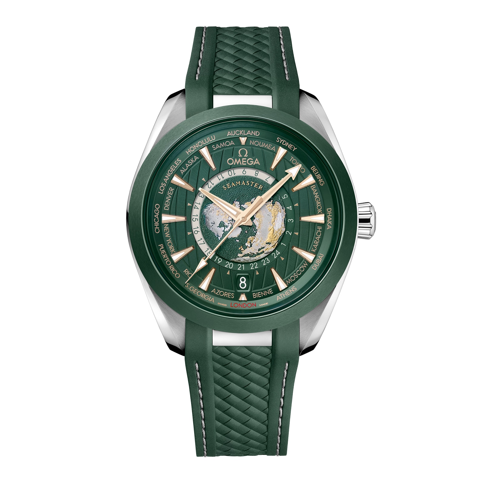 Reloj Omega Seamaster Aqua Terra 150m Co-Axial Master Chronometer GMT Worldtimer 43mm para hombre Caucho verde O22032432210001