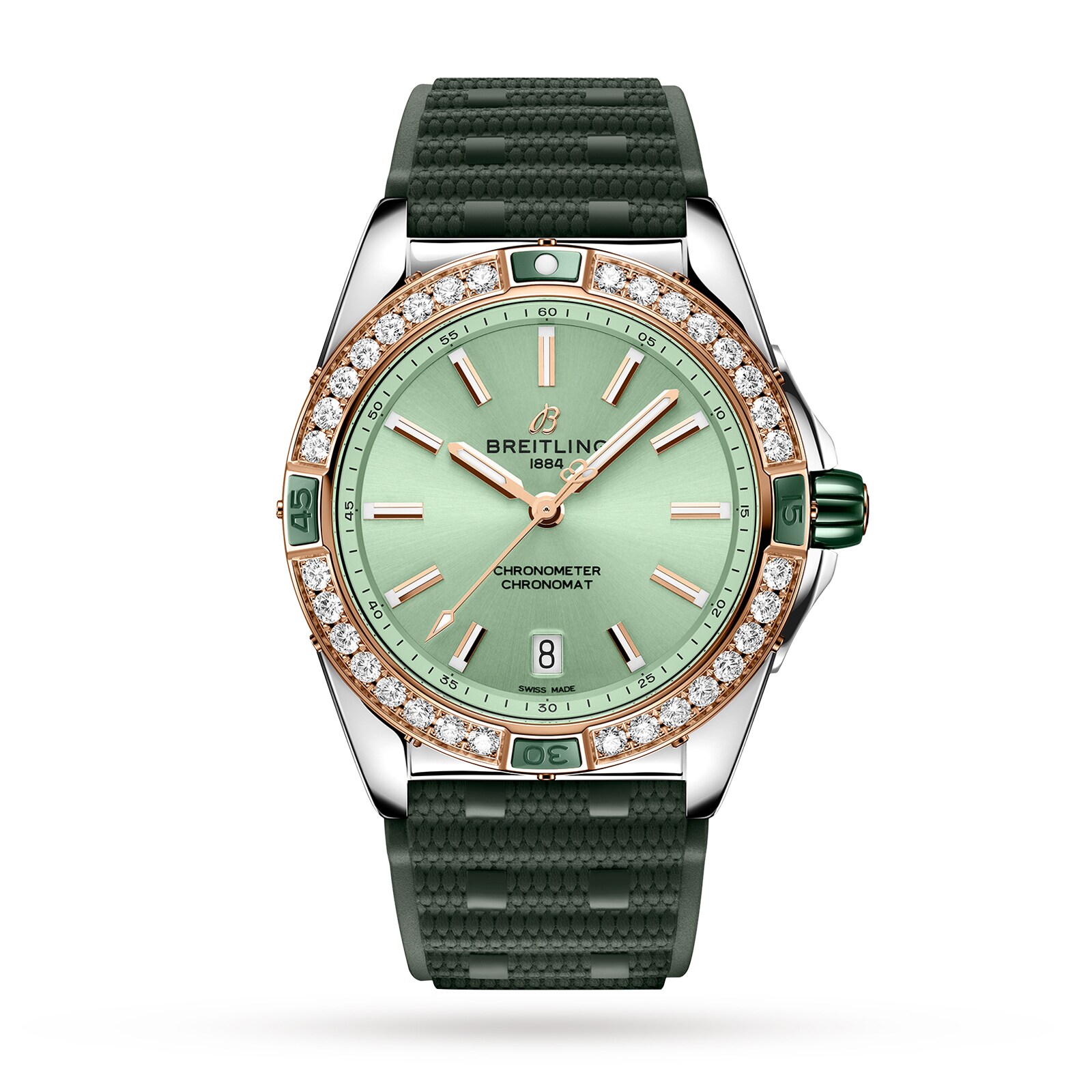 Reloj Breitling Super Chronomat Automatico 38 de acero inoxidable verde y correa de caucho de oro rosa de 18 quilates U17356531L1S1