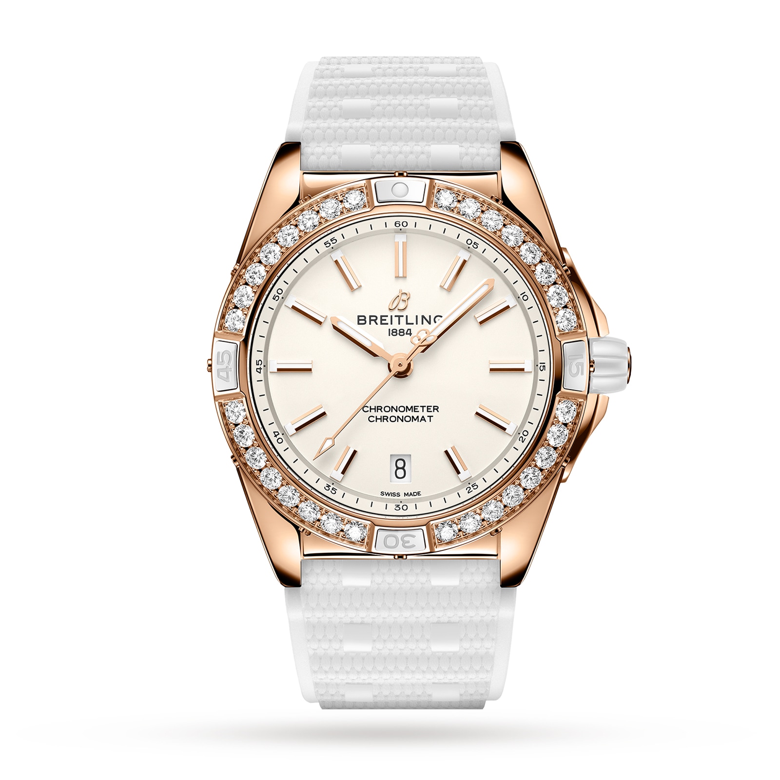 Reloj Breitling Super Chronomat Automatico 38 Origins blanco con correa de caucho en oro rosa de 18 quilates R17356531G1S1