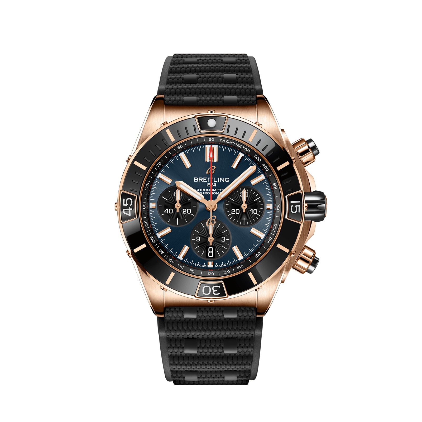 Reloj Breitling Super Chronomat B01 44 con correa de caucho en oro rojo de 18 k RB01362A1C1S1