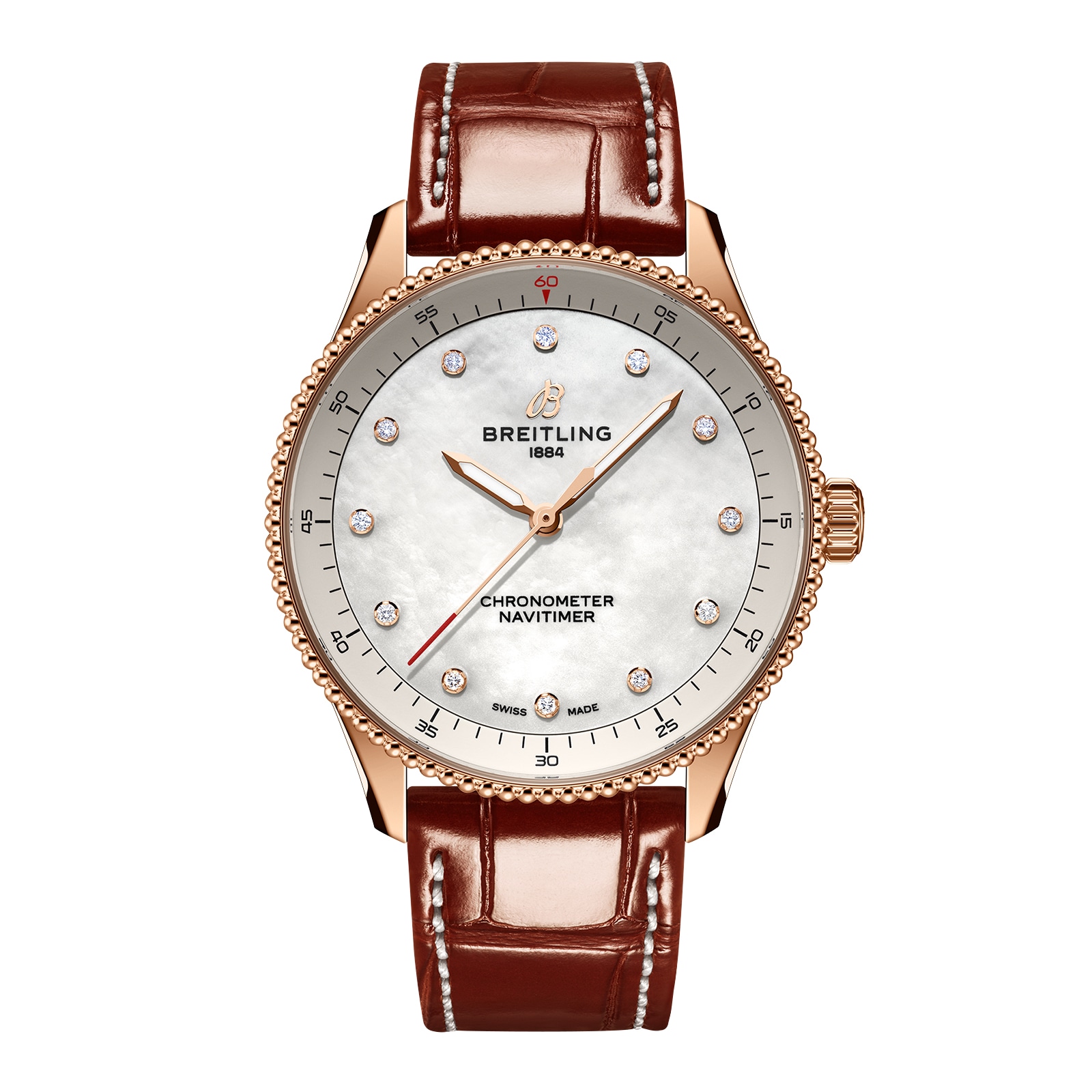 Reloj Breitling Navitimer 32 mm para mujer Cocodrilo de nacar blanco Oro rojo de 18 quilates R77320E61A1P1
