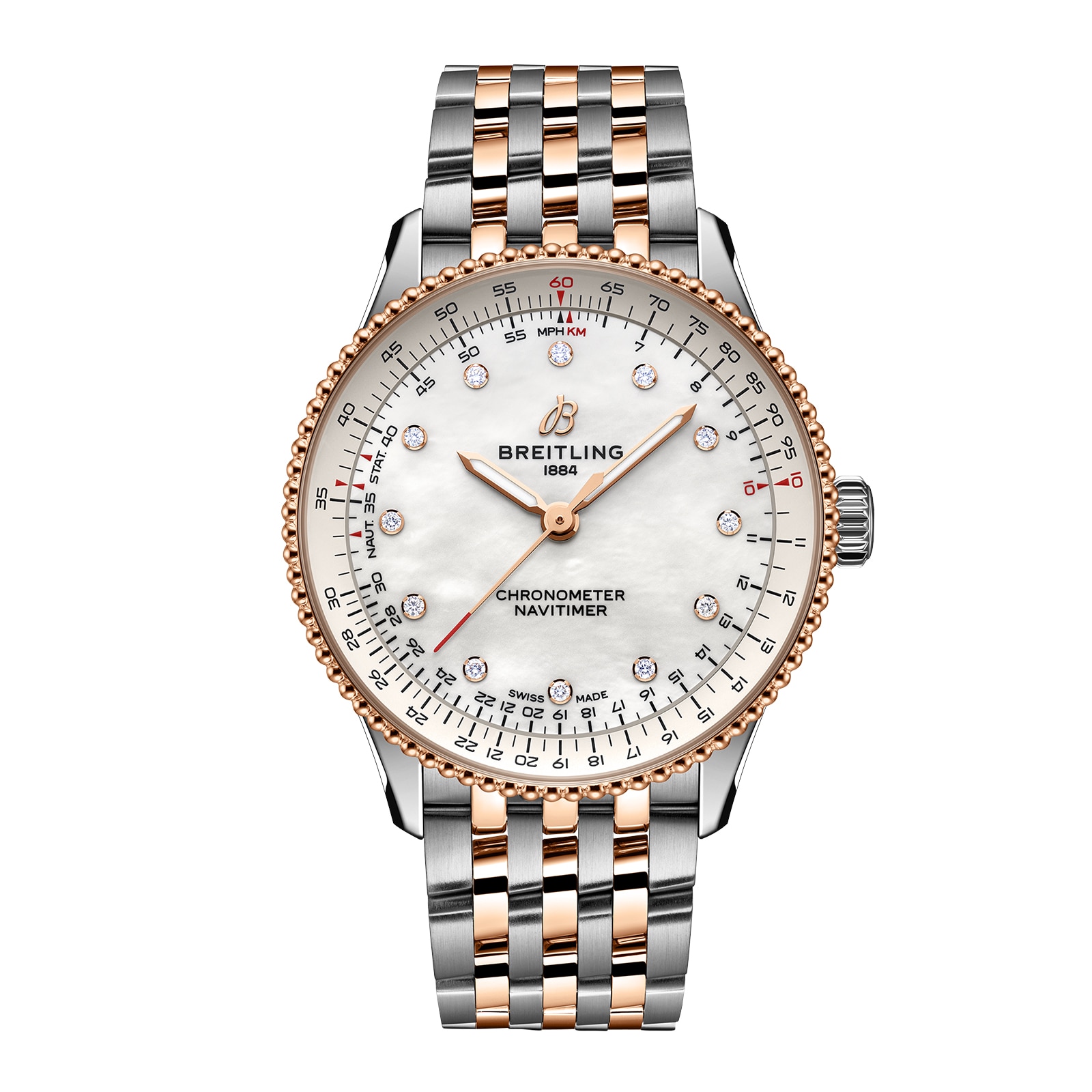 Reloj Breitling Navitimer de 36 mm para mujer, acero inoxidable de nacar blanco y oro rojo de 18 k U17327211A1U1