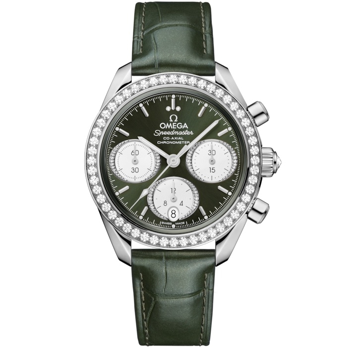 Omega Speedmaster Date 38 324.18.38.50.60.001 Acero Inoxidable Diamante Verde Pulsera
