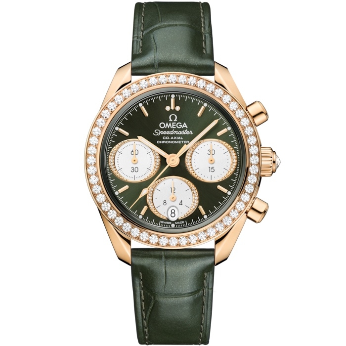 Omega Speedmaster Date 38 324.58.38.50.60.001 Oro Moonshine Diamante Verde
